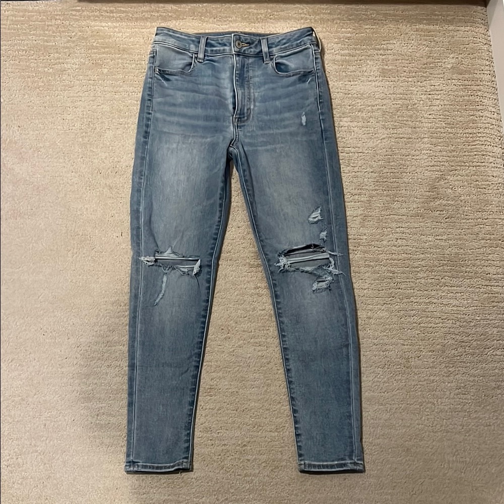 American Eagle Outfitters Blue Skinny Jeans with Distressed Details